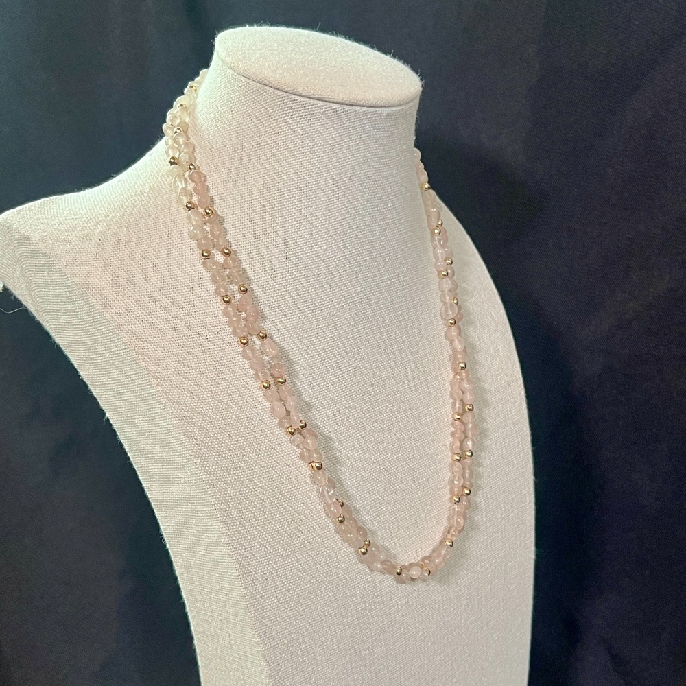 Rose Quartz or Soft Pink Glass Beaded Necklace 34" Gold Romantic‎ Coquette Girl